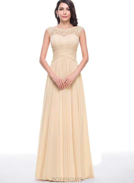 Flower(s) Ruffle With Prom Dresses Floor-Length Vivian Beading Tulle Scoop A-Line Chiffon