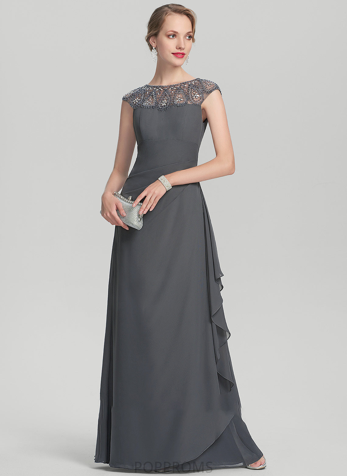 Mother Mother of the Bride Dresses Bride Sequins With Chiffon Scoop Cascading Neck Beading A-Line Ruffles of Floor-Length the Greta Dress