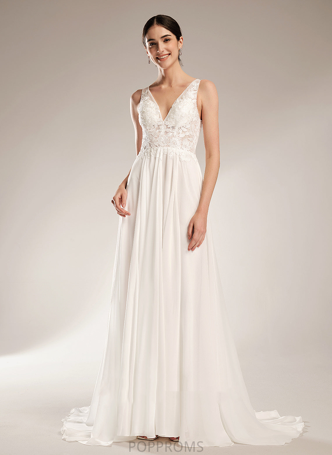 Beading Chiffon Wedding A-Line Train With Wedding Dresses Sequins V-neck Abbie Dress Court Lace