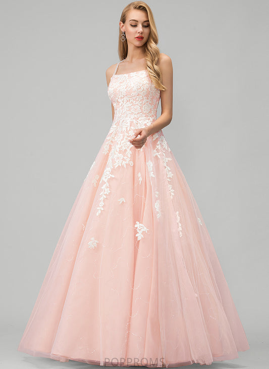 Prom Dresses Square Neckline Lace Floor-Length Ball-Gown/Princess Tulle With Saniya Sequins