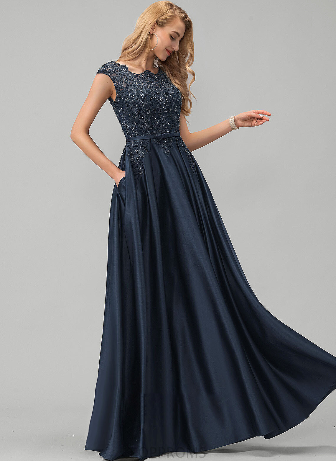 Floor-Length Kyleigh Lace Sequins Beading With Pockets Neck Satin Bow(s) Scoop Ball-Gown/Princess Prom Dresses