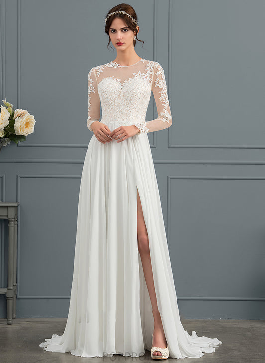 Sweep Split Chiffon Front With Train Wedding A-Line Appliques Wedding Dresses Illusion Dress Elvira Lace