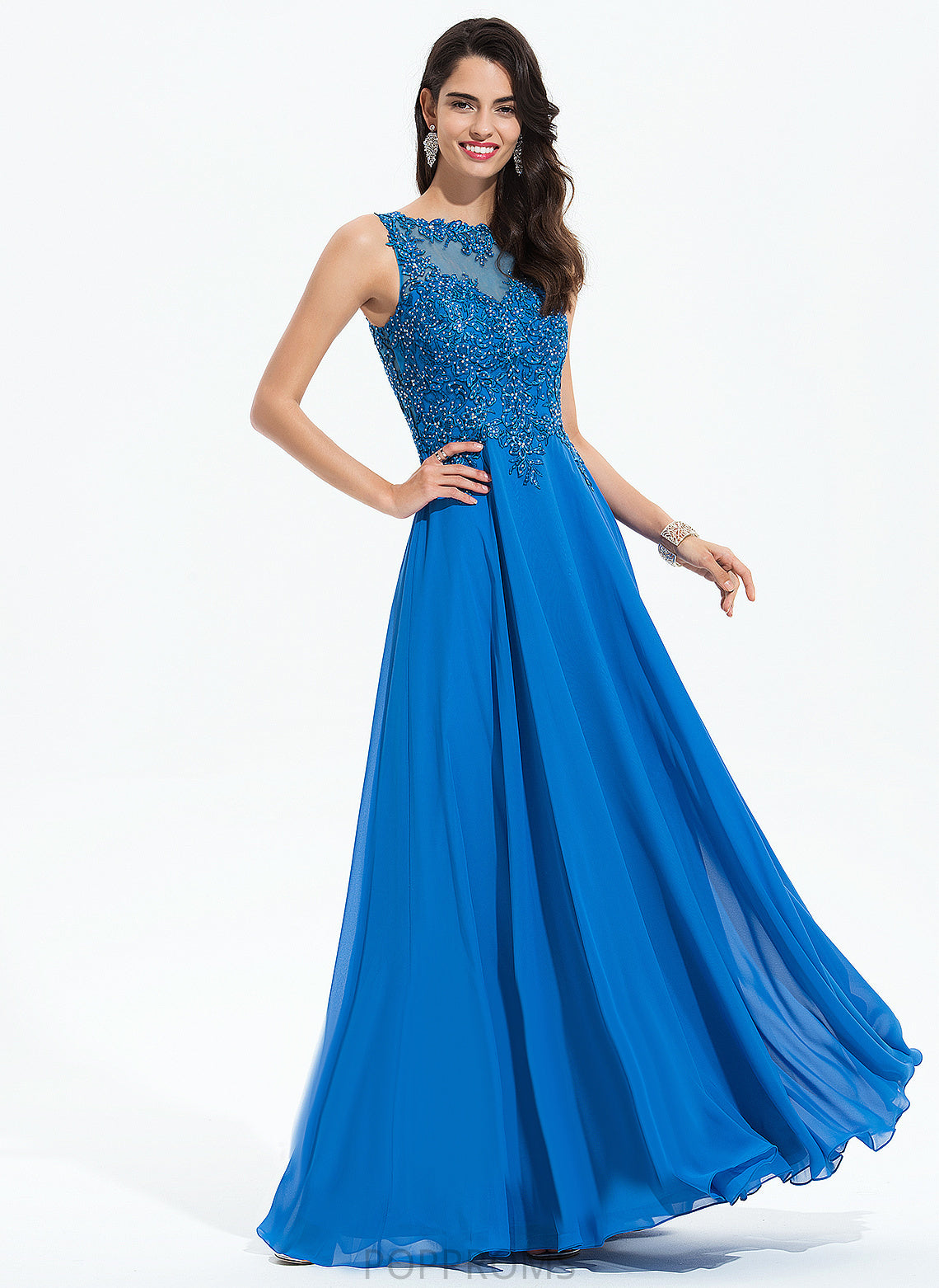 A-Line Jillian Beading Prom Dresses Floor-Length With Chiffon Sequins Scoop