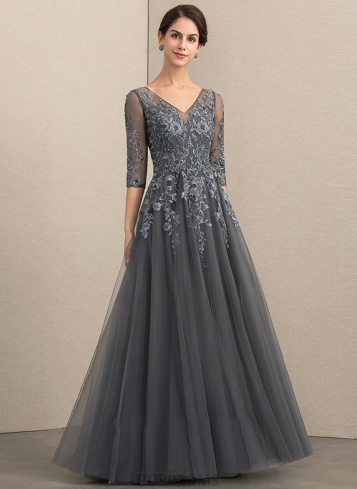 A-Line Dress Mother Mother of the Bride Dresses Beading Floor-Length Leslie the V-neck Sequins of Bride Lace With Tulle