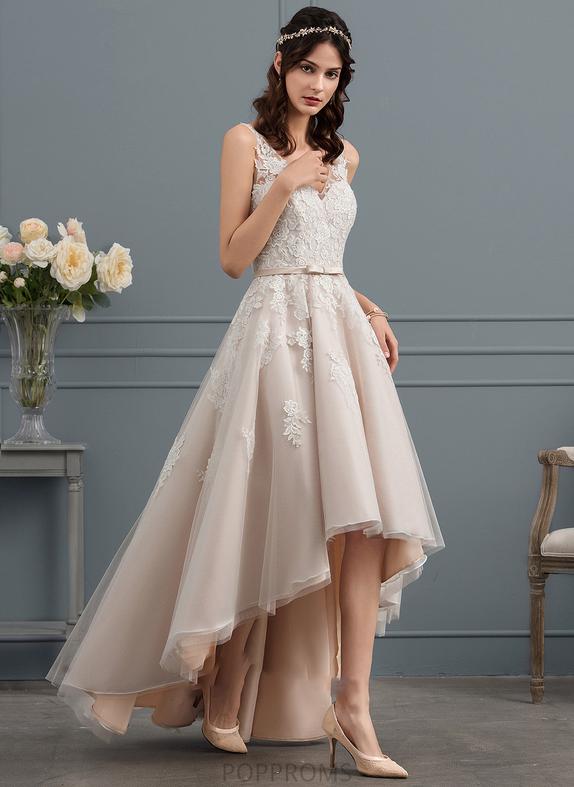 Sylvia Wedding Wedding Dresses Dress Lace V-neck A-Line Tulle With Asymmetrical Bow(s)