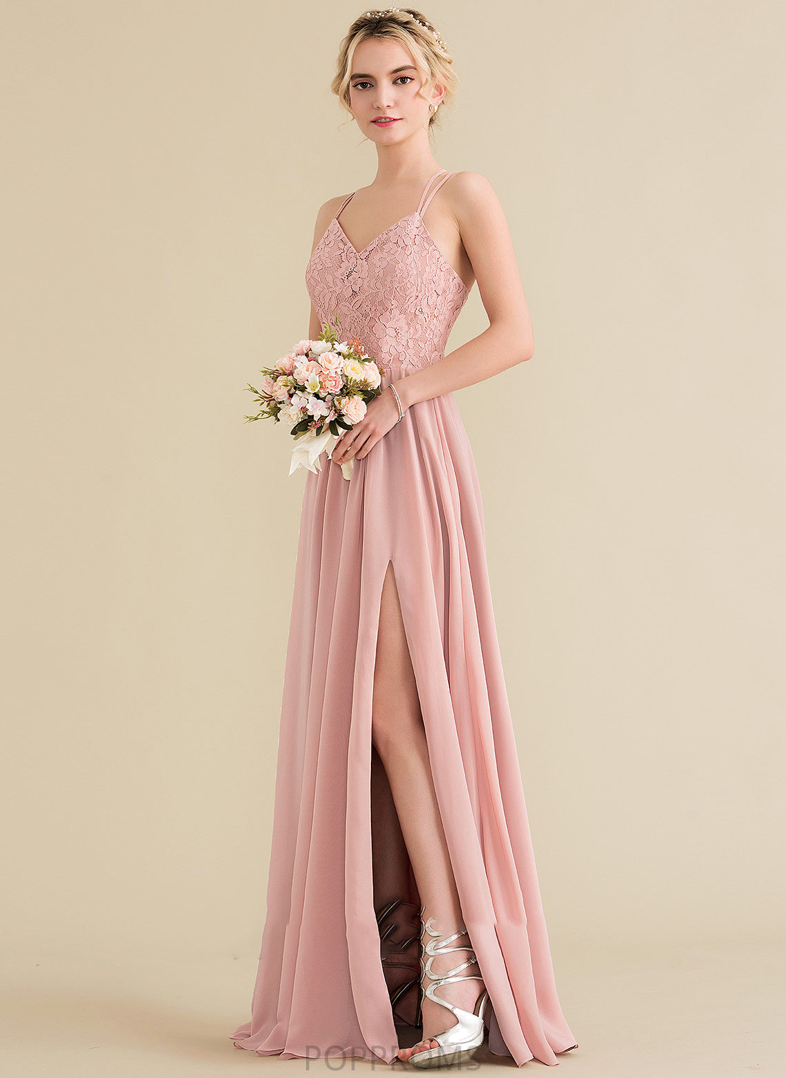 Lace Sweetheart Chiffon Front Crystal Prom Dresses Floor-Length Split With A-Line