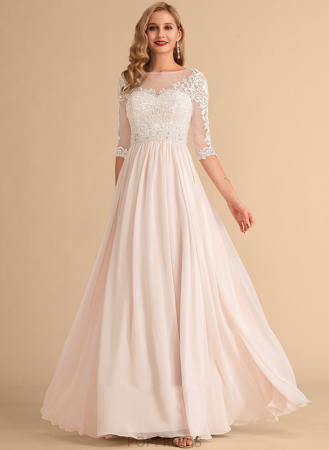 A-Line Illusion Sequins Patti Floor-Length Chiffon Beading Dress Lace Wedding With Wedding Dresses