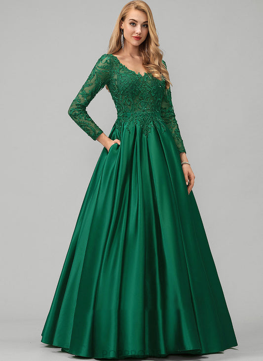 Sequins Ball-Gown/Princess With Satin V-neck Beading Prom Dresses Lace Pockets Floor-Length Gianna