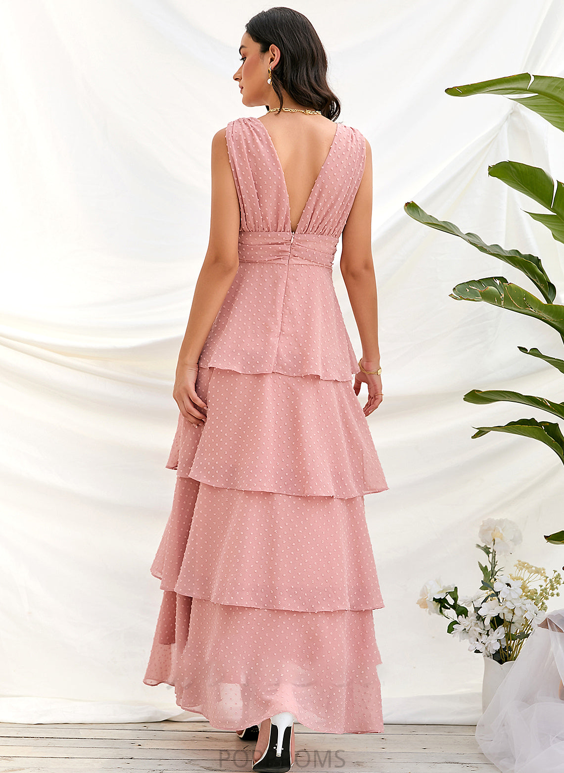 V-neck Straps A-Line Fabric Silhouette Length Neckline Ankle-Length Julia Sleeveless Natural Waist Floor Length Bridesmaid Dresses