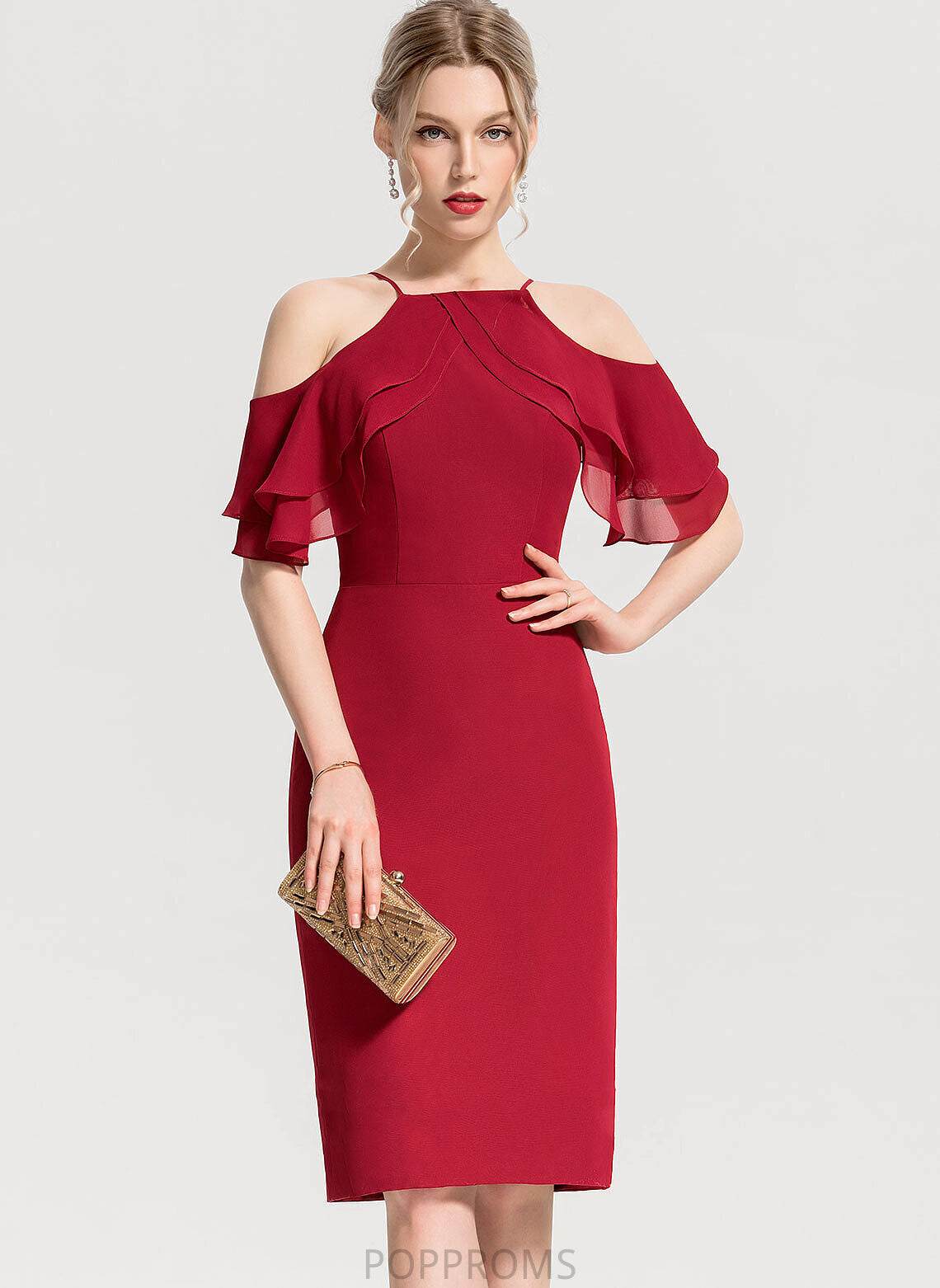 Dress Lilyana Sheath/Column Knee-Length Chiffon Ruffles Square Cocktail Cascading With Neckline Cocktail Dresses