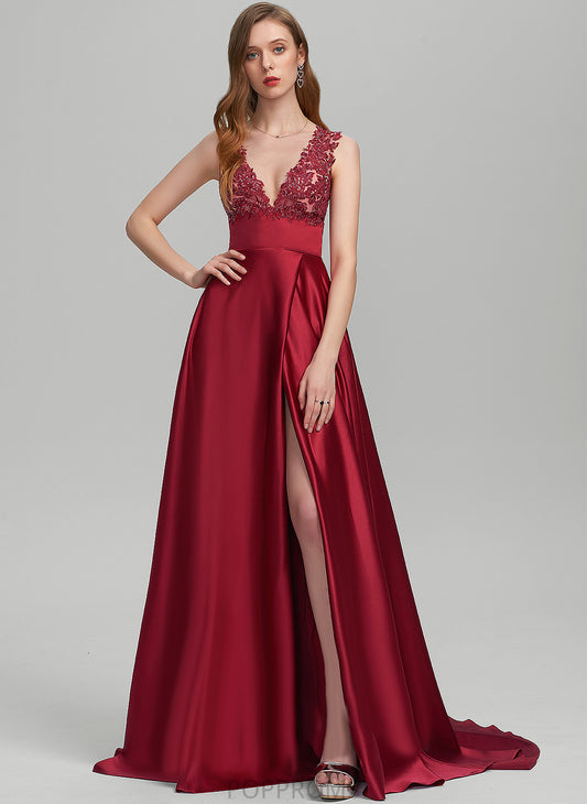 With Train Sweep Prom Dresses Janice V-neck Sequins Satin Ball-Gown/Princess Lace