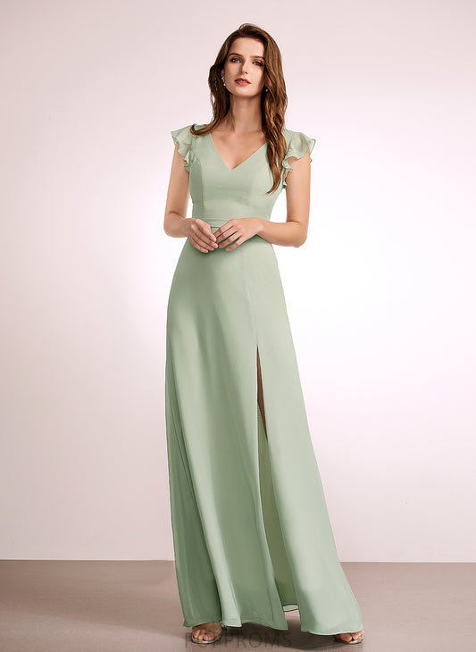 Neckline Embellishment Floor-Length Fabric Silhouette V-neck SplitFront A-Line Length Abagail Sleeveless A-Line/Princess Bridesmaid Dresses