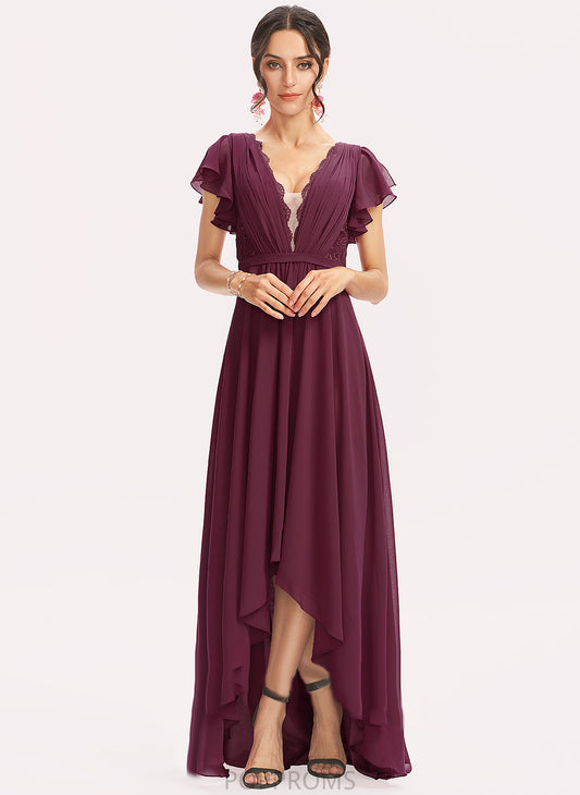 Ruffles Cocktail Dresses Chiffon Asymmetrical A-Line Cascading Nell Cocktail Lace V-neck Dress With