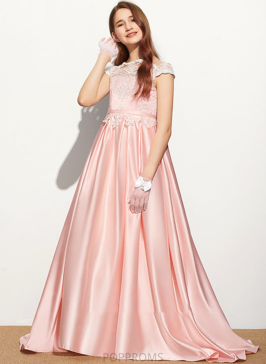 Train Hedda Satin Lace Off-the-Shoulder Ball-Gown/Princess Sweep Junior Bridesmaid Dresses