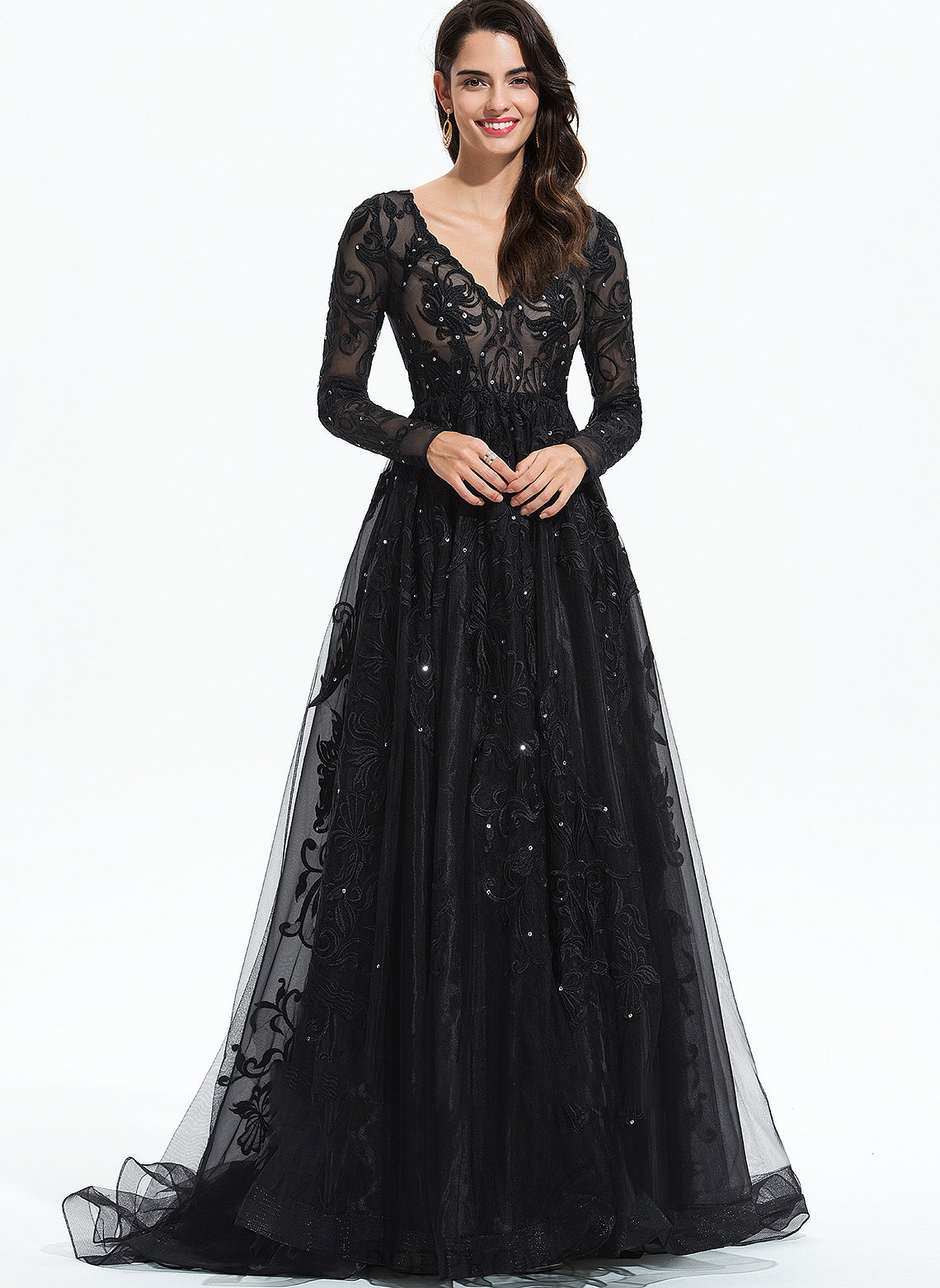 Sweep Ball-Gown/Princess Lace Tulle Sequins Prom Dresses Train V-neck Katie With