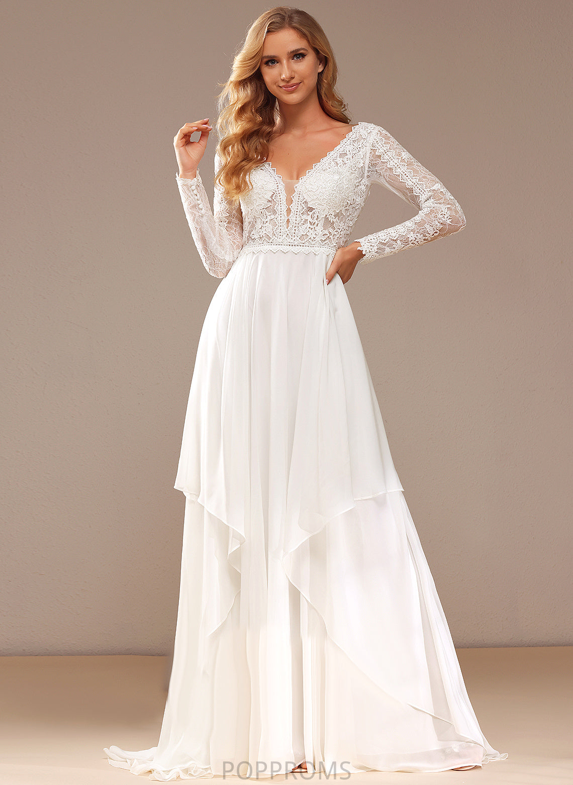 Court Chiffon A-Line Lace Dress Wedding Dresses Wedding Ruffle Lace V-neck Train With Selina