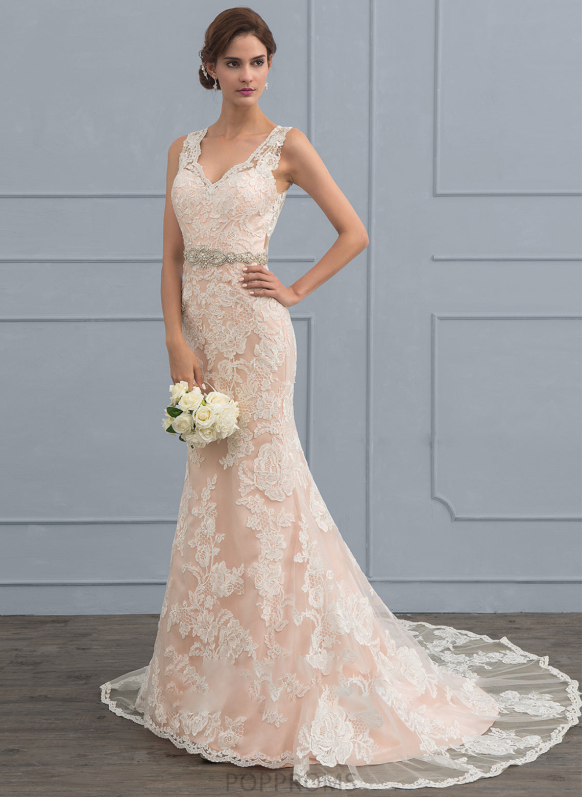 Trumpet/Mermaid Wedding Dresses Dress Wedding V-neck Beading Tulle Chapel Reese With Lace Train