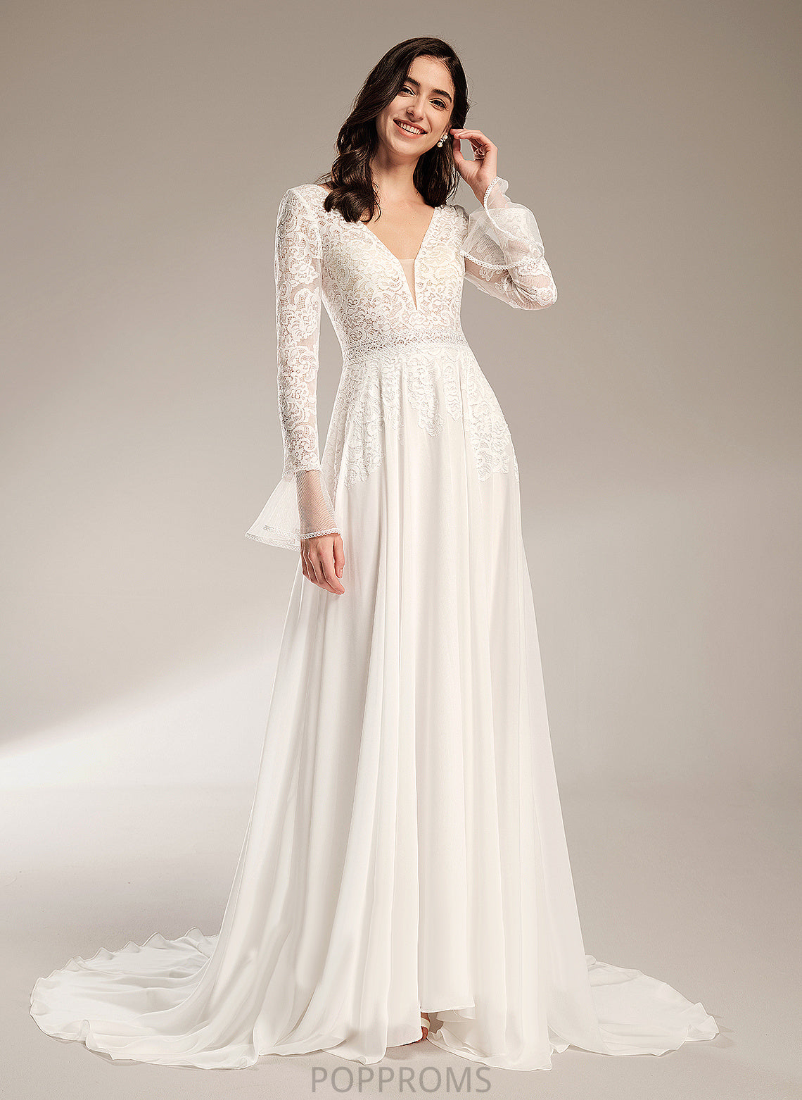 V-neck With Chiffon A-Line Lace Ruffle Wedding Train Dress Court Wedding Dresses Anabel