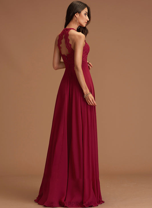 Lace Chiffon Scoop Neck A-Line Thea Floor-Length Prom Dresses With