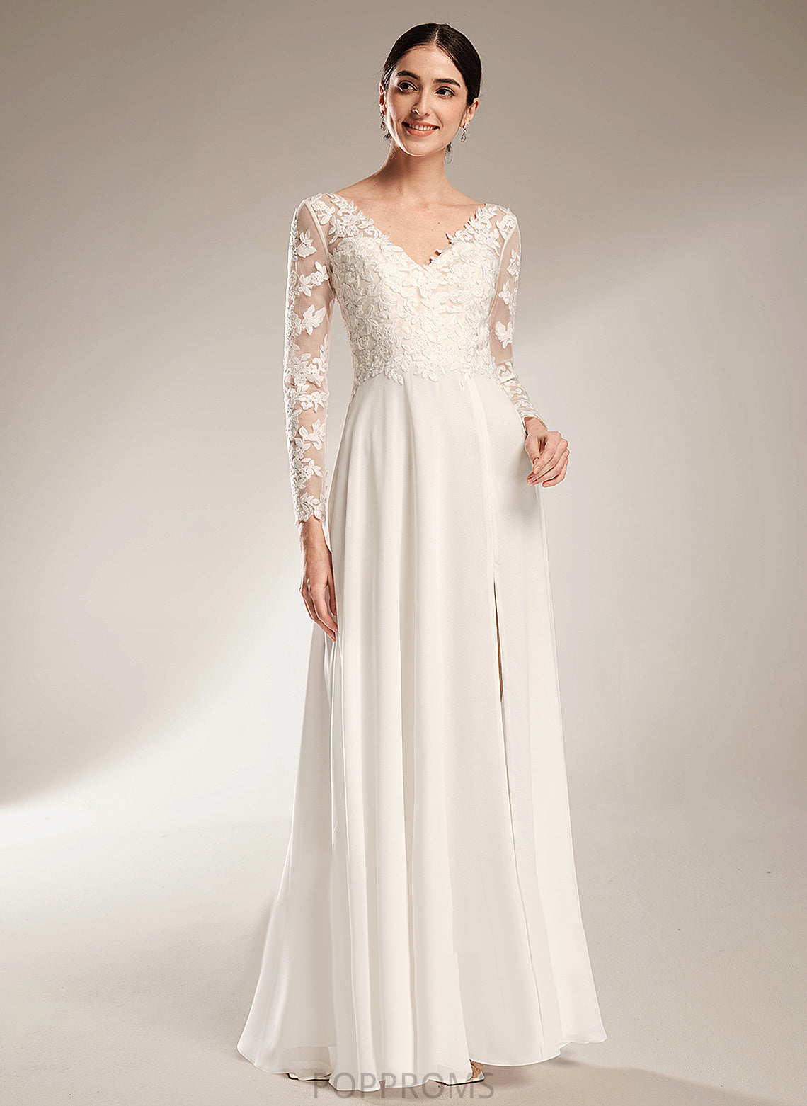 Split Wedding Dresses A-Line Wedding Dress Floor-Length With Lace V-neck Front Chiffon Shiloh