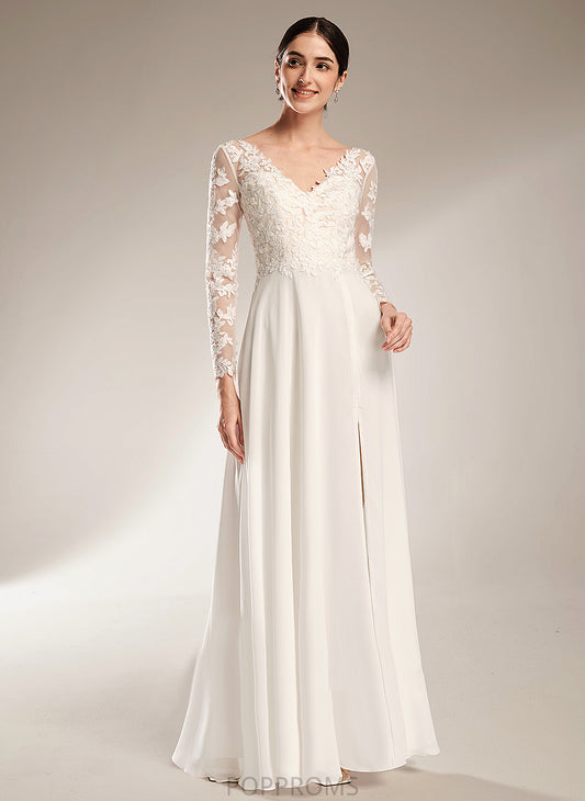 Split Wedding Dresses A-Line Wedding Dress Floor-Length With Lace V-neck Front Chiffon Shiloh