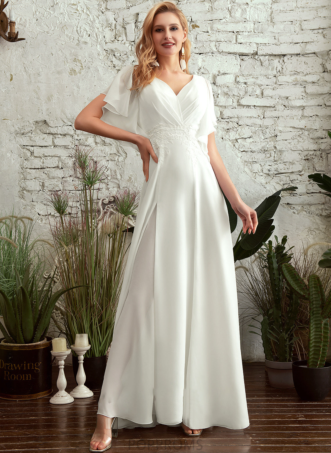 Front Floor-Length Wedding Dress A-Line V-neck Ximena Split Wedding Dresses Lace With