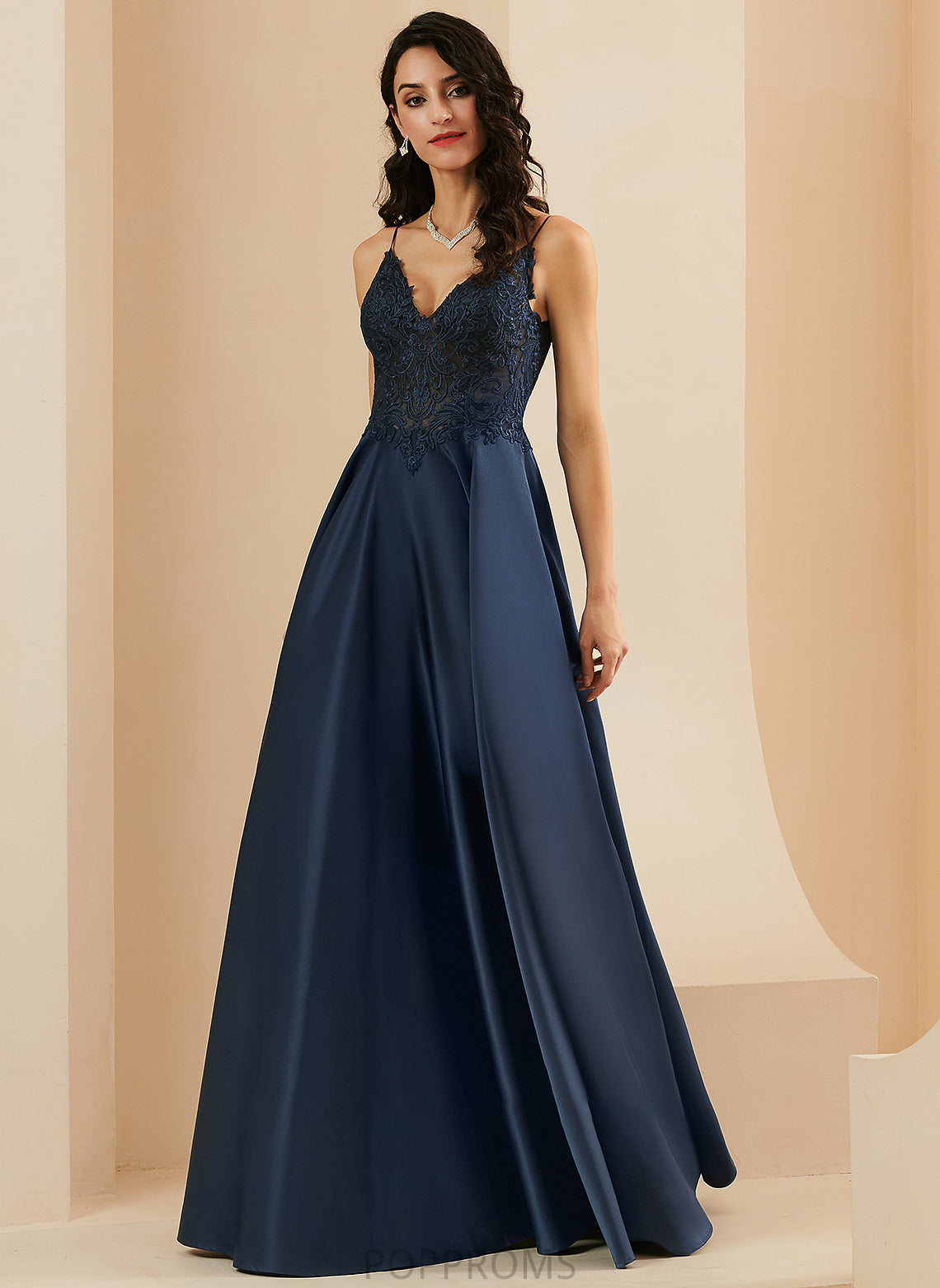 Prom Dresses Lace Libby V-neck Satin A-Line Floor-Length With