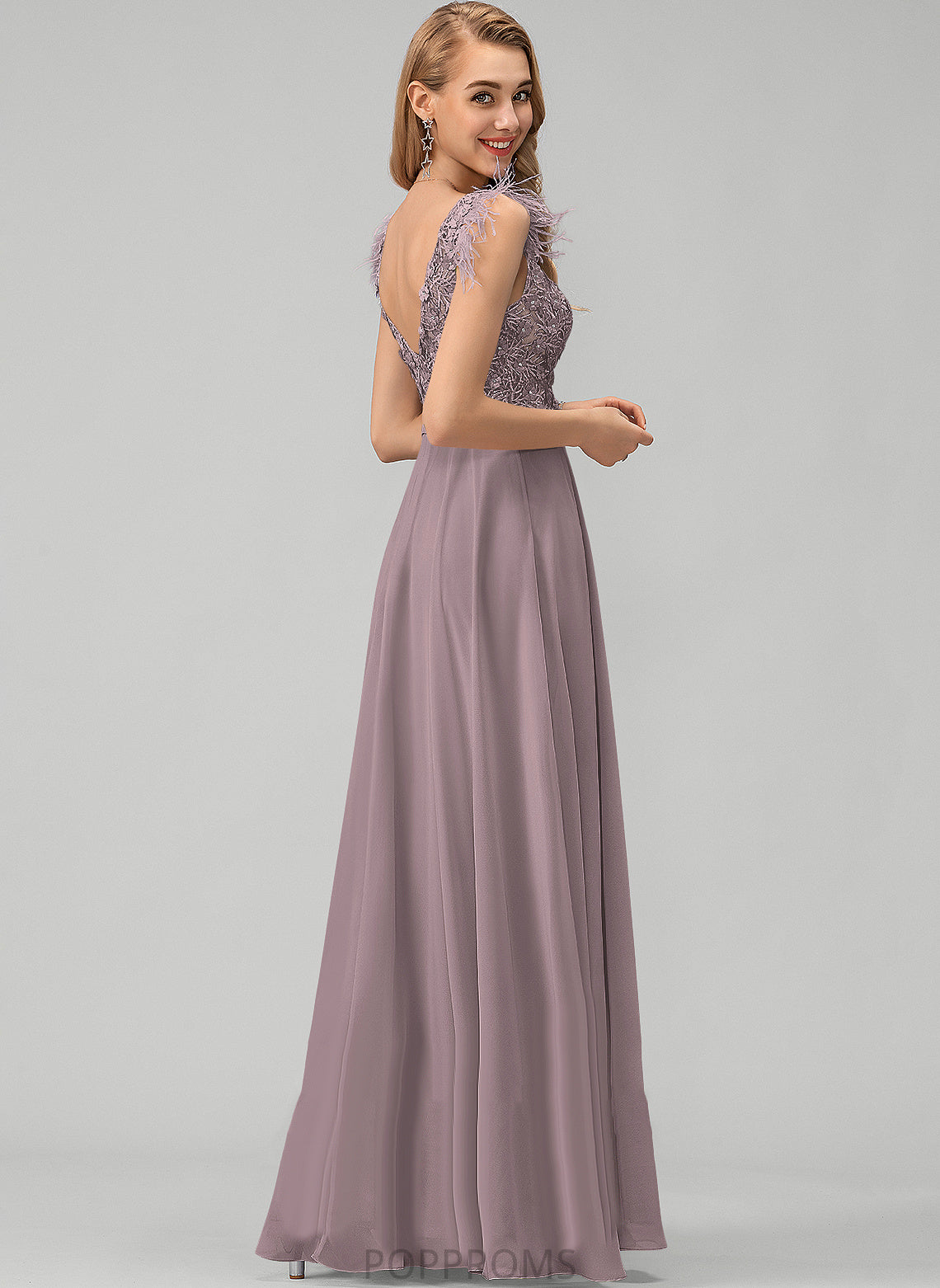 Flower(s) Beading Floor-Length Prom Dresses Feather Chiffon V-neck Sequins With Mikaela A-Line