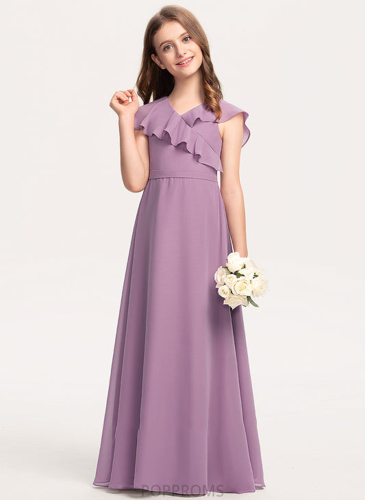 With Bow(s) Cascading A-Line Maci Floor-Length Chiffon Ruffles Junior Bridesmaid Dresses V-neck