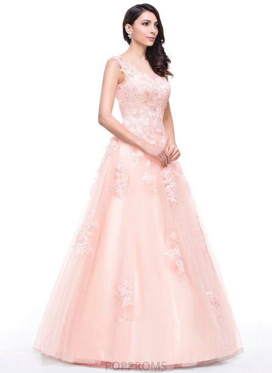 Ball-Gown/Princess Lace Prom Dresses Appliques Sequins Floor-Length Neck Beading Alma With Tulle Scoop