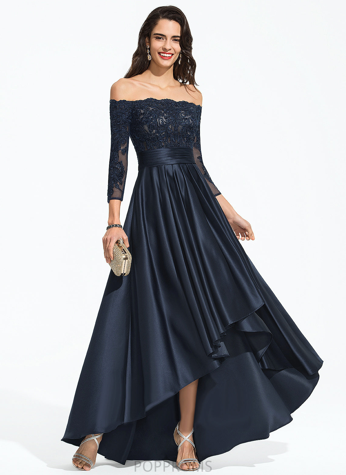 Lace Amya Satin A-Line With Ruffle Sequins Prom Dresses Asymmetrical Off-the-Shoulder