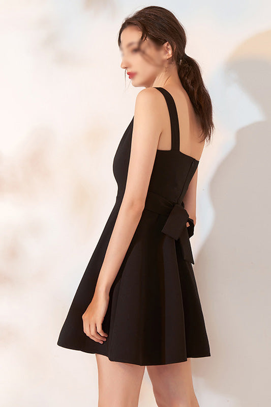 Black Sleeveless V Neck A Line With Bowknot Homecoming Dresses