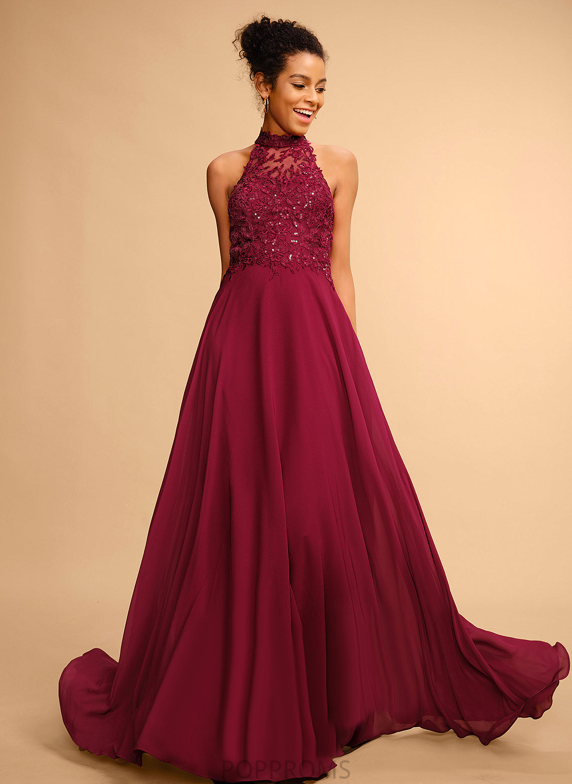 Chiffon With Prom Dresses Erika Halter A-Line Sequins Floor-Length Lace