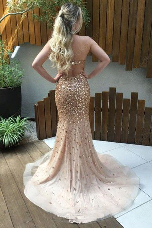 Flesh Trumpet Sweep Train Halter Sleeveless Backless Sparkle Prom Dresses