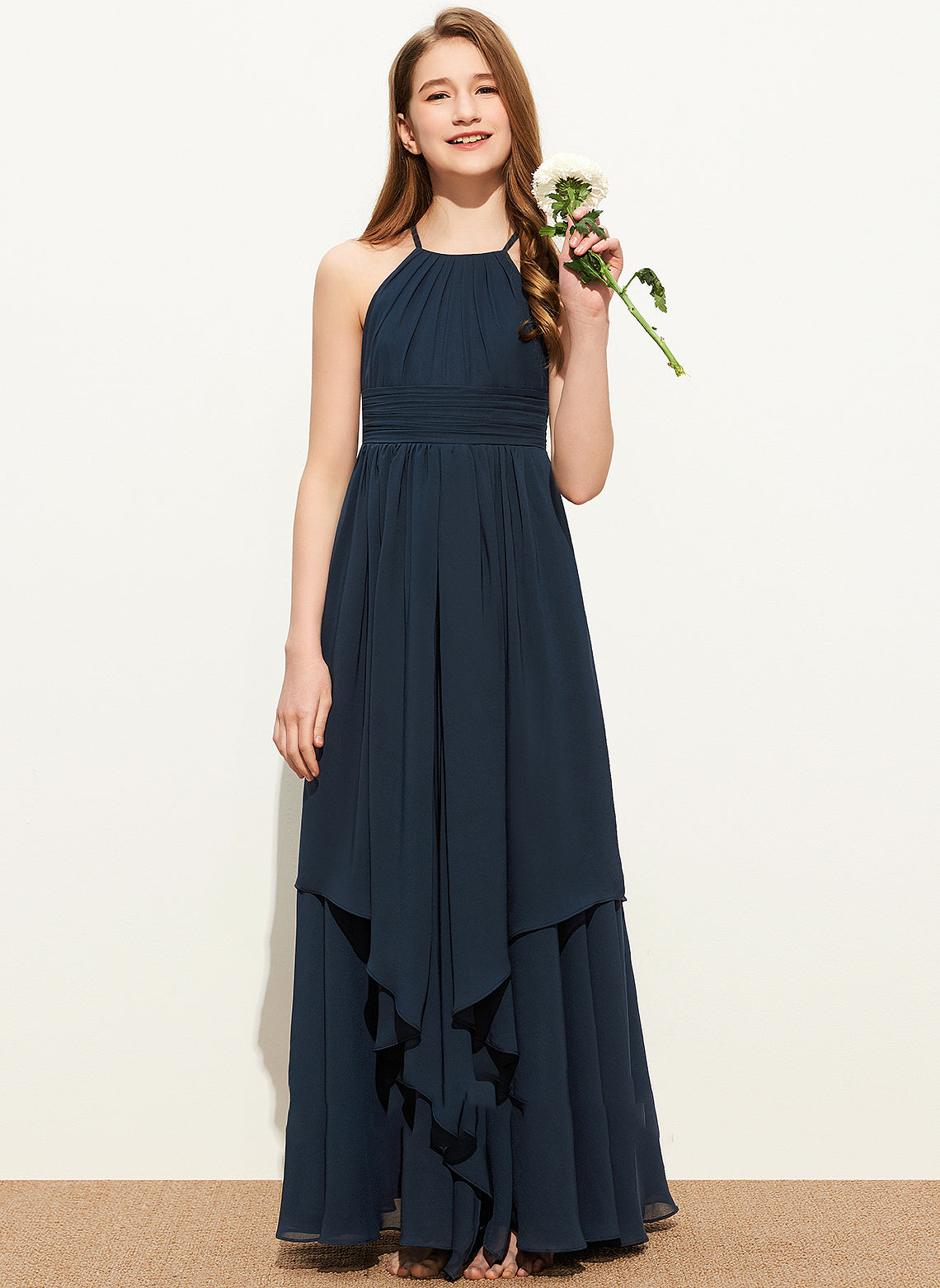 With Scoop A-Line Ruffles Cascading Chiffon Floor-Length Neck Junior Bridesmaid Dresses Katelyn