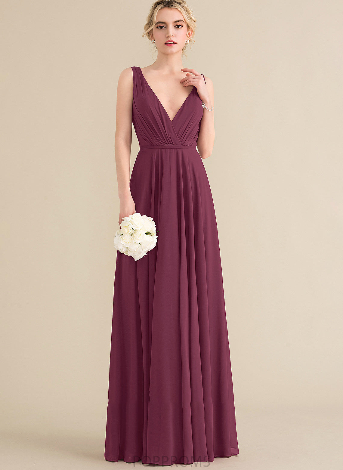 Floor-Length Prom Dresses A-Line Ruffle Madeline With Chiffon V-neck