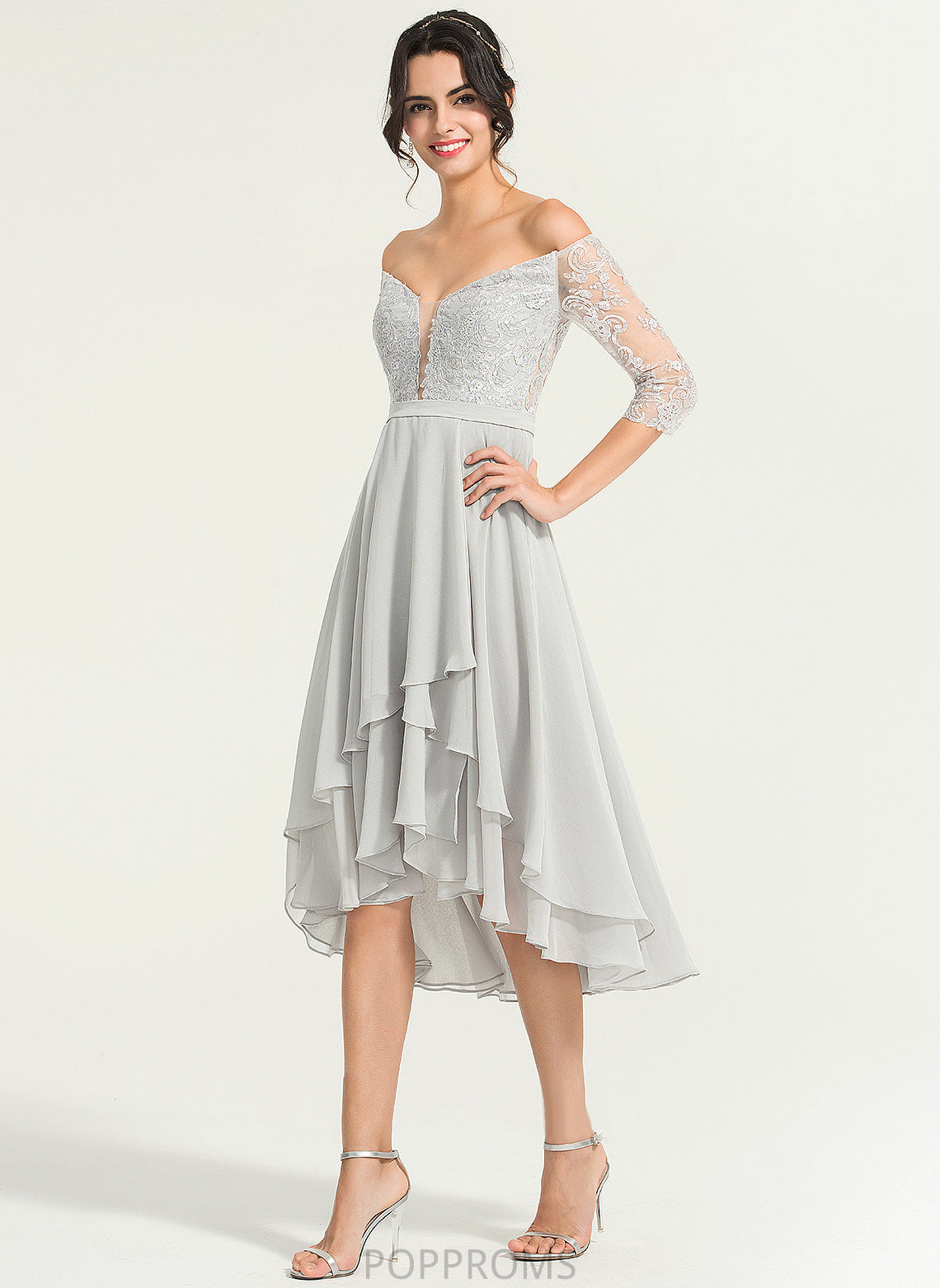 Asymmetrical A-Line Beading Off-the-Shoulder Cocktail Dresses Cocktail Lace Dress With Gwendolyn Chiffon