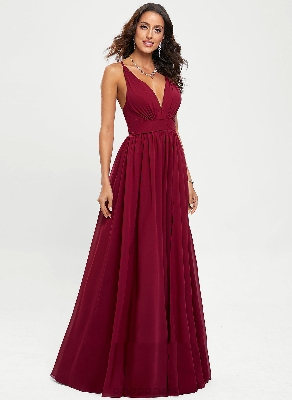 V-neck Floor-Length Pru Chiffon Prom Dresses A-Line