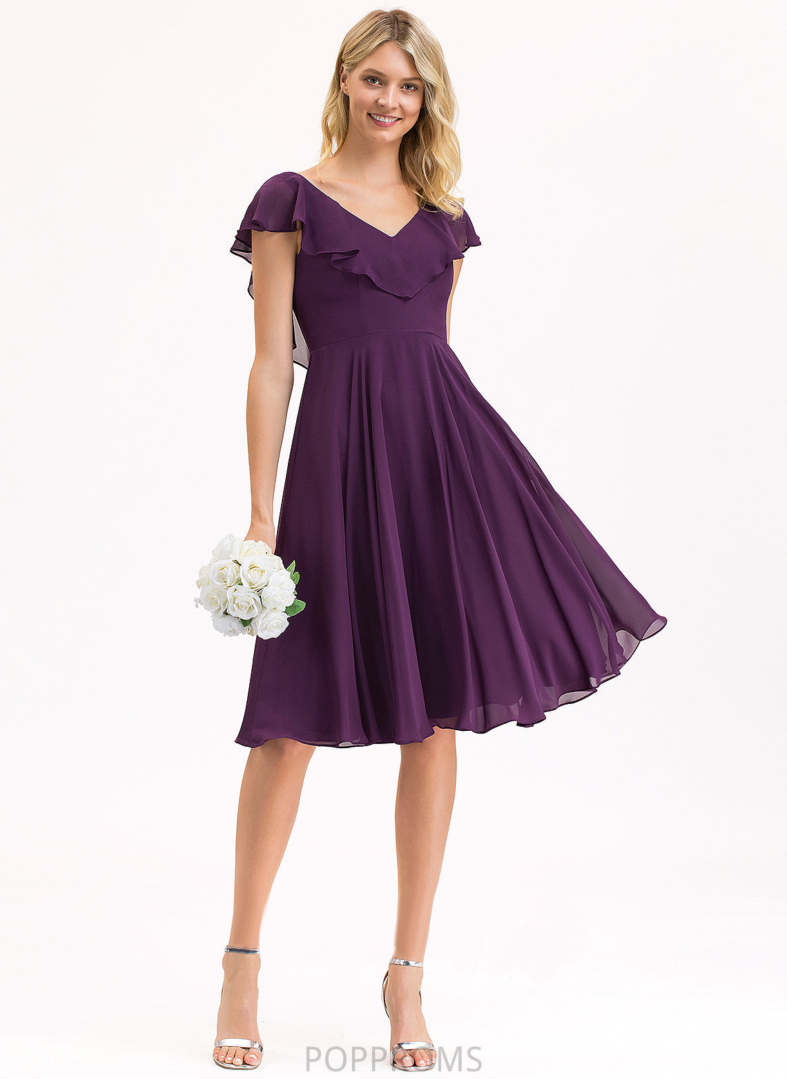 With Ruffles Chiffon Cascading Dress Knee-Length A-Line Cocktail Dresses Cocktail V-neck Georgia