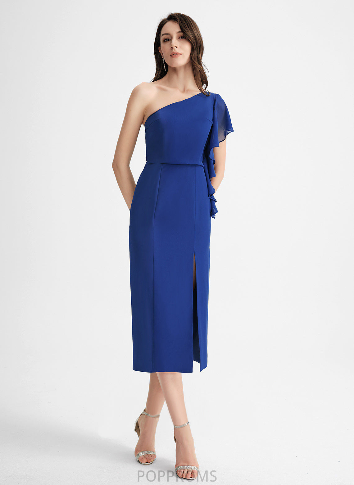 Ruffle Dress Chiffon Cocktail Dresses Cocktail One-Shoulder Tea-Length Sheath/Column With Krystal