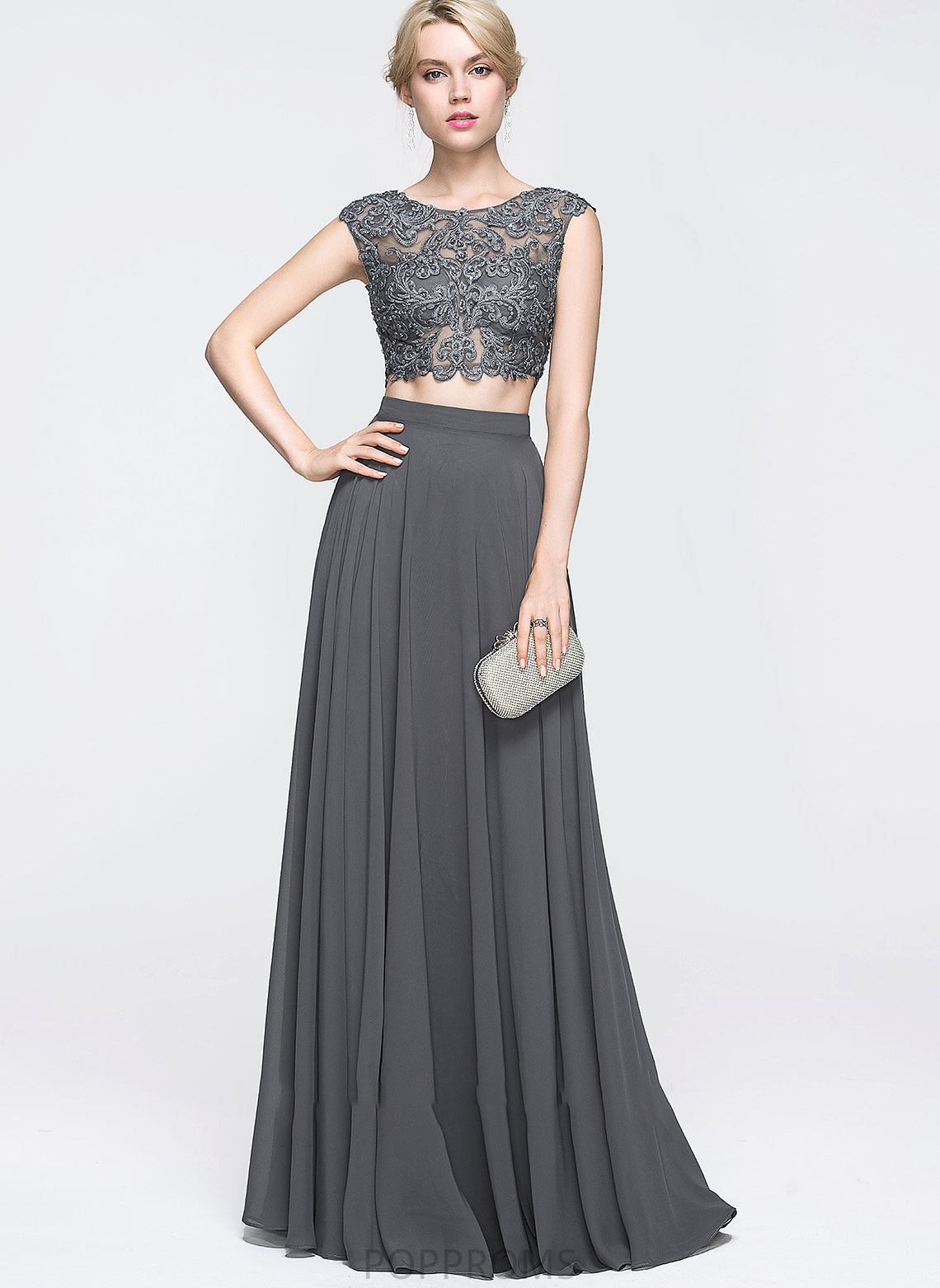 Jaelynn Chiffon Beading A-Line Floor-Length With Sequins Prom Dresses Neck Scoop