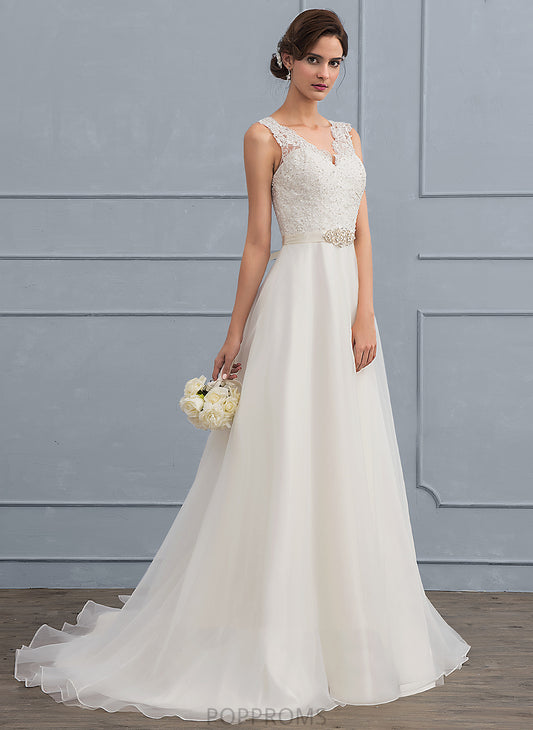 Aliza Sweep Lace With A-Line Beading Organza Bow(s) Wedding Dresses Dress V-neck Wedding Train