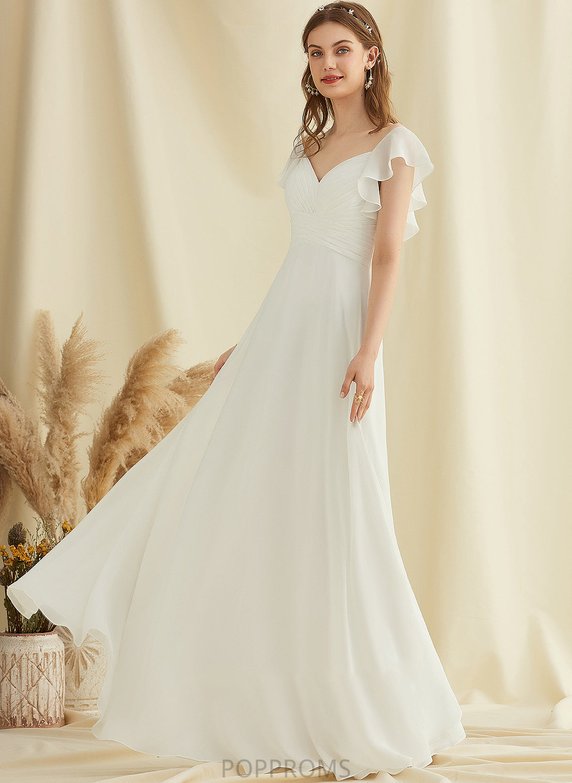 V-neck Wedding Ruffle With Dress Chiffon Amiah Wedding Dresses Floor-Length A-Line