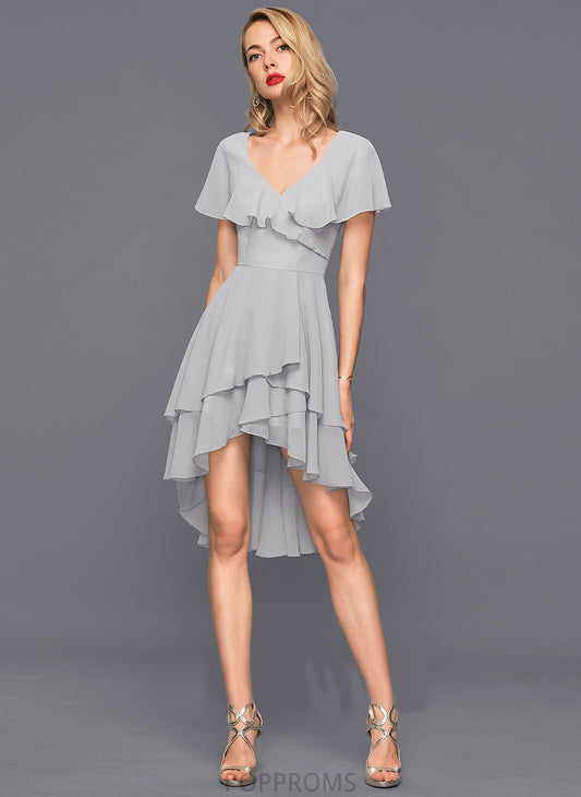 With Cocktail Dress Cascading Tiffany Chiffon Ruffles Asymmetrical V-neck A-Line Cocktail Dresses