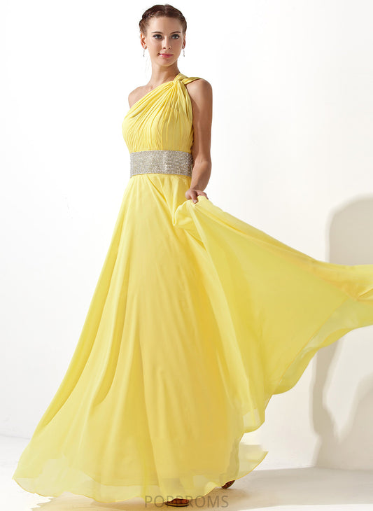 With A-Line Floor-Length One-Shoulder Sara Beading Chiffon Ruffle Prom Dresses