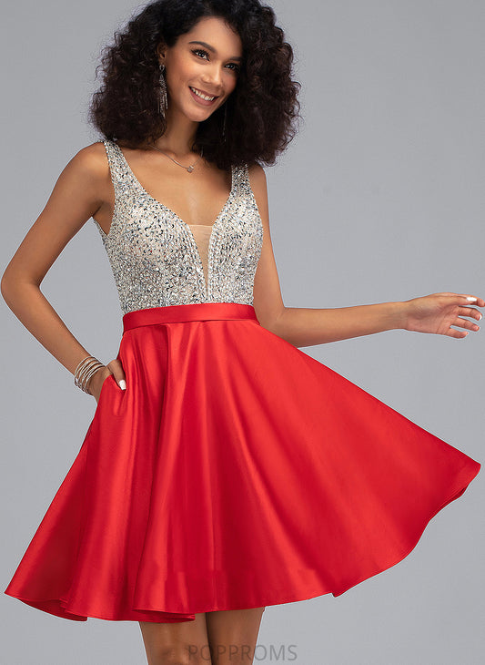 V-neck Homecoming Dresses Short/Mini Beading Satin Homecoming With Sequins Pockets A-Line Jazmin Dress