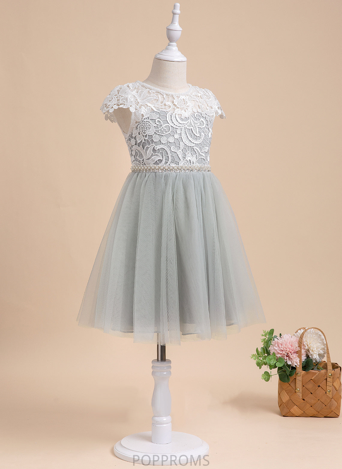 Neck With Miriam Sleeves Tulle A-Line Flower Dress - Girl Lace/Beading/Sequins Short Scalloped Flower Girl Dresses Knee-length