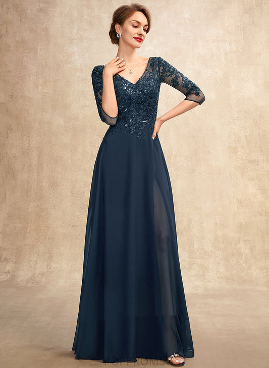 the Front Bride Sequins Split Mother Floor-Length Chiffon Lace V-neck of A-Line Dress Maggie Mother of the Bride Dresses With