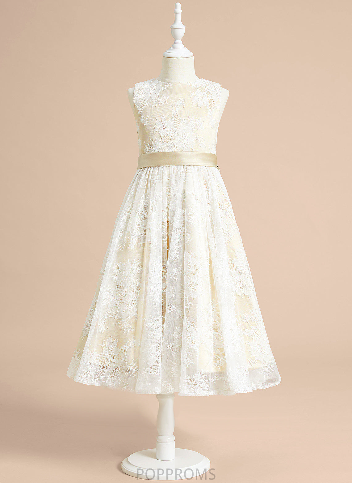 Tea-length Satin/Lace Flower Scoop Sleeveless - Dress With Flower Girl Dresses Neck Girl A-Line Miya Bow(s)