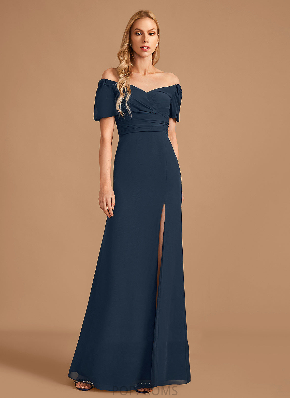 Floor-Length V-neck SplitFront Fabric Sheath/Column Silhouette Length Embellishment Neckline Noelle A-Line/Princess Sleeveless Bridesmaid Dresses